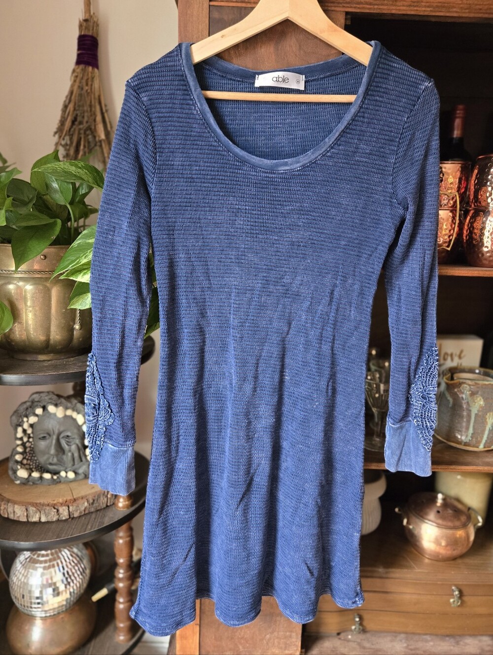 ABLE Blue Distressed Thermal Fit + Flare Scoop Neck Dress with Lace Sleeve, M